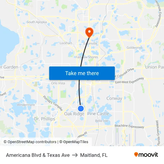 Americana Blvd & Texas Ave to Maitland, FL map