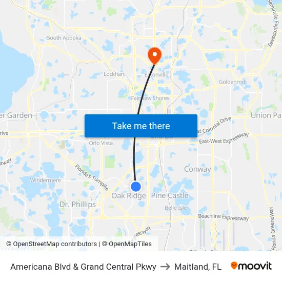 Americana Blvd & Grand Central Pkwy to Maitland, FL map