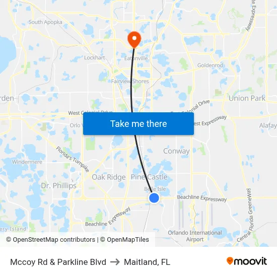 Mccoy Rd & Parkline Blvd to Maitland, FL map