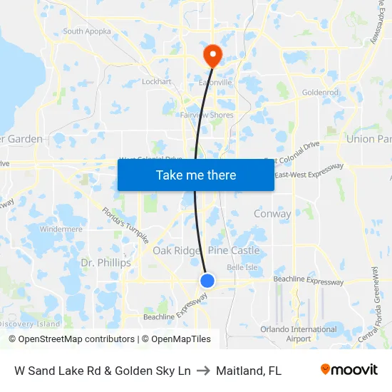 W Sand Lake Rd & Golden Sky Ln to Maitland, FL map