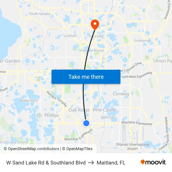 W Sand Lake Rd & Southland Blvd to Maitland, FL map