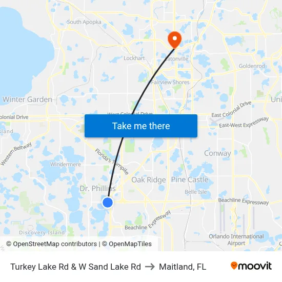 Turkey Lake Rd & W Sand Lake Rd to Maitland, FL map