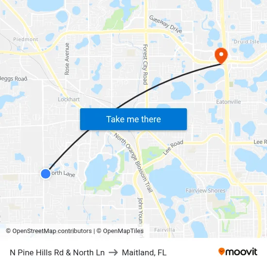 N Pine Hills Rd & North Ln to Maitland, FL map
