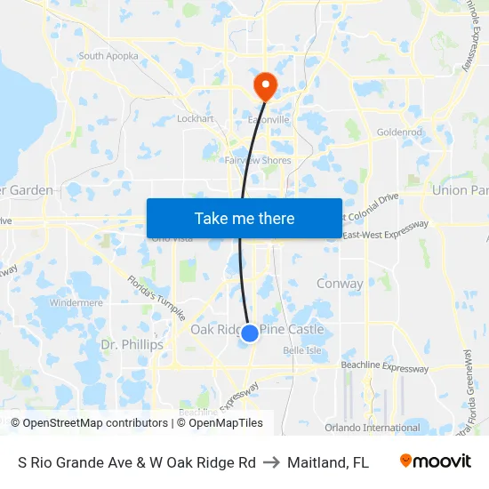S Rio Grande Ave & W Oak Ridge Rd to Maitland, FL map