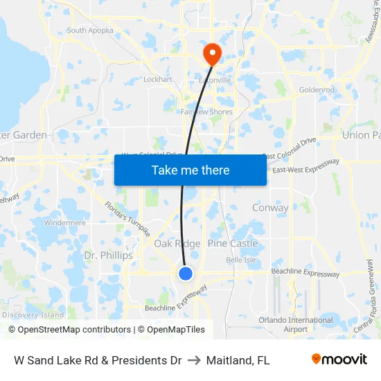 W Sand Lake Rd & Presidents Dr to Maitland, FL map