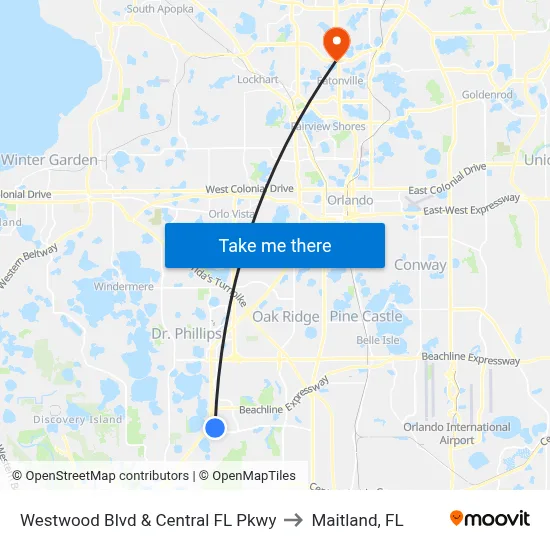 Westwood Blvd & Central FL Pkwy to Maitland, FL map