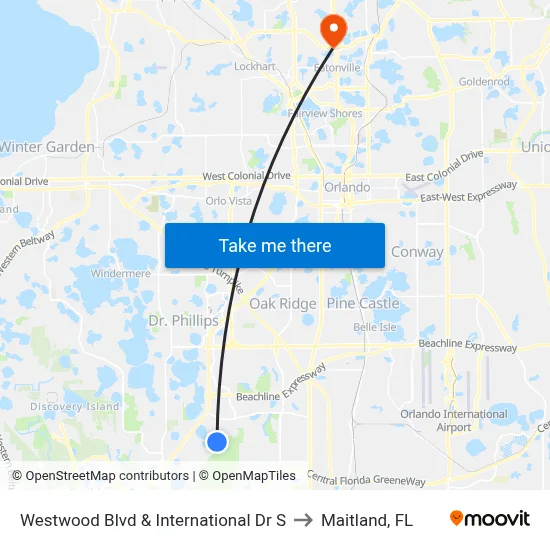 Westwood Blvd & International Dr S to Maitland, FL map