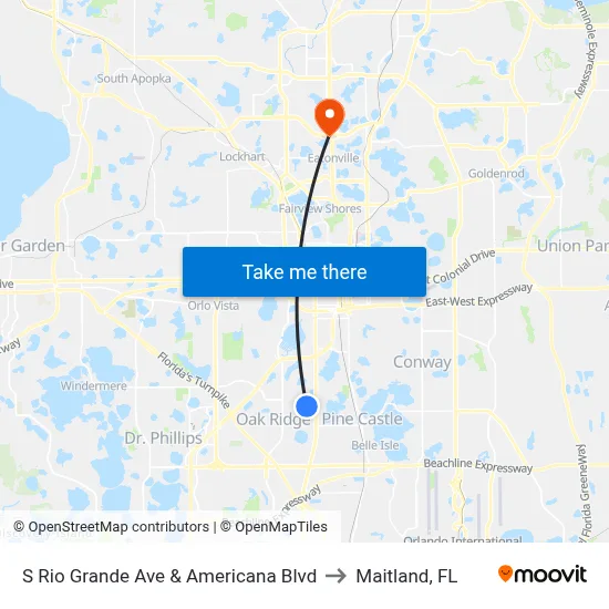 S Rio Grande Ave & Americana Blvd to Maitland, FL map