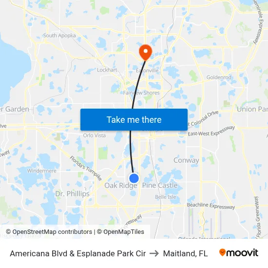Americana Blvd & Esplanade Park Cir to Maitland, FL map