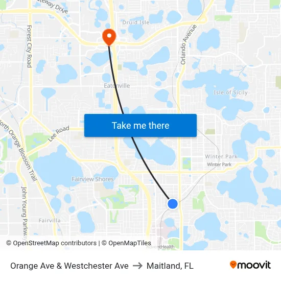 Orange Ave & Westchester Ave to Maitland, FL map