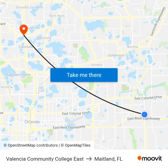 Valencia Community College East to Maitland, FL map