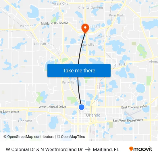 W Colonial Dr & N Westmoreland Dr to Maitland, FL map
