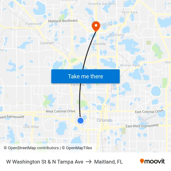 W Washington St & N Tampa Ave to Maitland, FL map