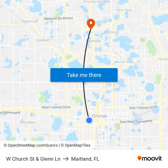 W Church St & Glenn Ln to Maitland, FL map