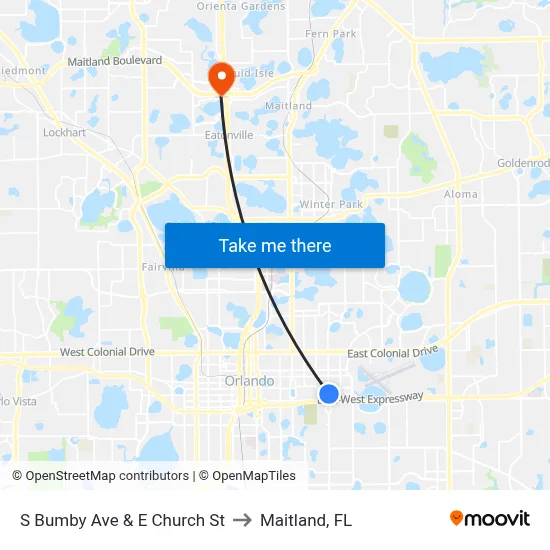 S Bumby Ave & E Church St to Maitland, FL map