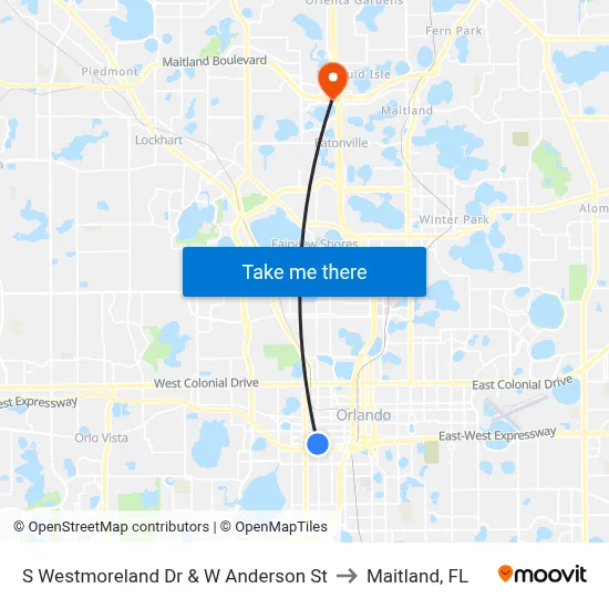 S Westmoreland Dr & W Anderson St to Maitland, FL map