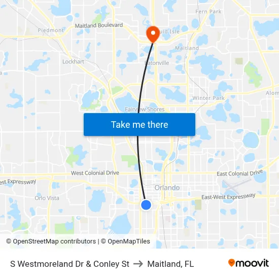 S Westmoreland Dr & Conley St to Maitland, FL map
