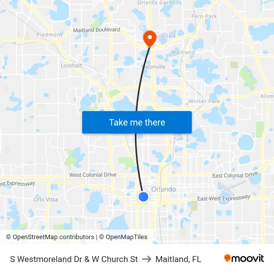 S Westmoreland Dr & W Church St to Maitland, FL map