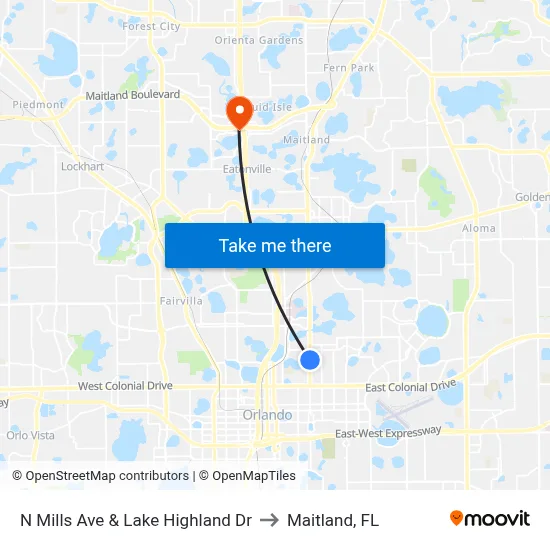 N Mills Ave & Lake Highland Dr to Maitland, FL map