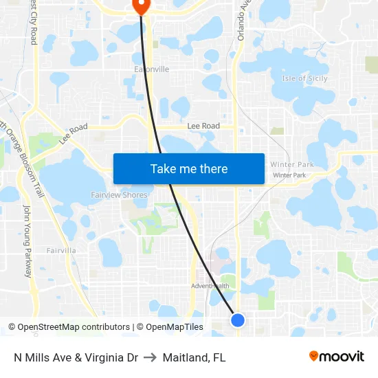 N Mills Ave & Virginia Dr to Maitland, FL map