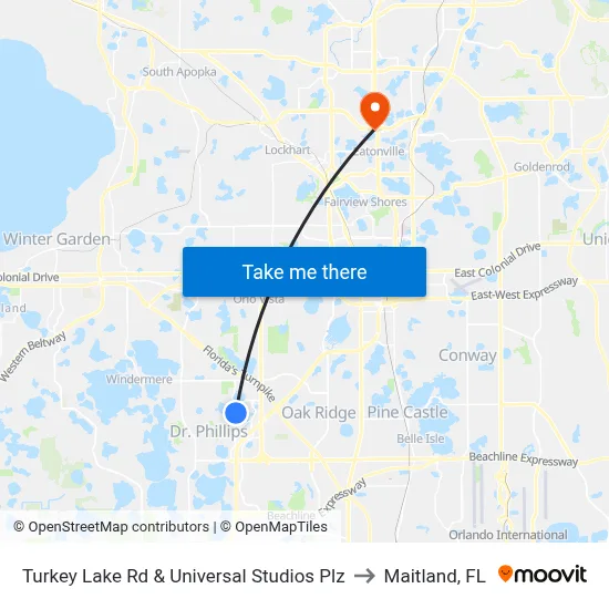 Turkey Lake Rd & Universal Studios Plz to Maitland, FL map
