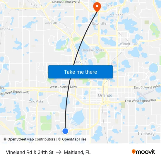 Vineland Rd & 34th St to Maitland, FL map