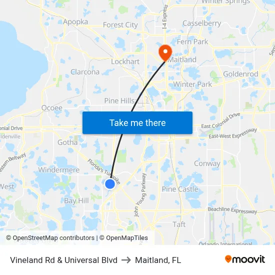 Vineland Rd & Universal Blvd to Maitland, FL map