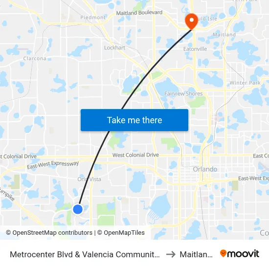 Metrocenter Blvd & Valencia Community College Dr to Maitland, FL map