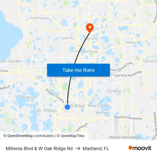 Millenia Blvd & W Oak Ridge Rd to Maitland, FL map