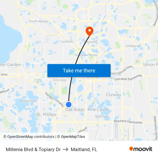 Millenia Blvd & Topiary Dr to Maitland, FL map