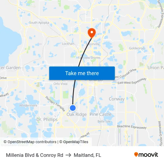Millenia Blvd & Conroy Rd to Maitland, FL map