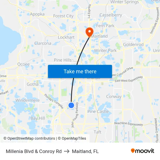 Millenia Blvd & Conroy Rd to Maitland, FL map