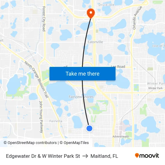 Edgewater Dr & W Winter Park St to Maitland, FL map