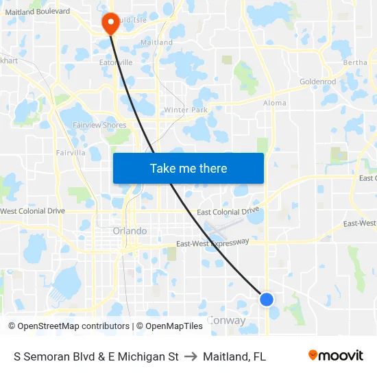 S Semoran Blvd & E Michigan St to Maitland, FL map