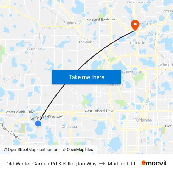 Old Winter Garden Rd & Killington Way to Maitland, FL map