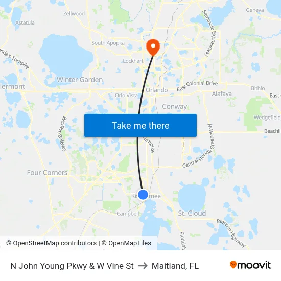 N John Young Pkwy & W Vine St to Maitland, FL map