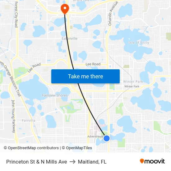 Princeton St & N Mills Ave to Maitland, FL map