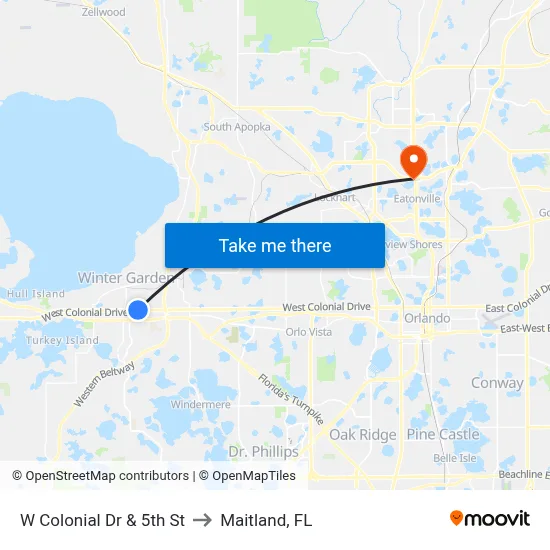 W Colonial Dr & 5th St to Maitland, FL map