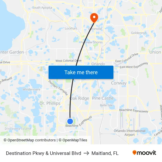 Destination Pkwy & Universal Blvd to Maitland, FL map