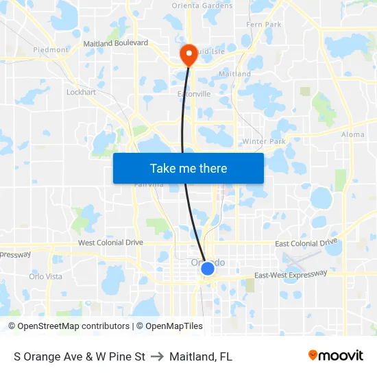 S Orange Ave & W Pine St to Maitland, FL map