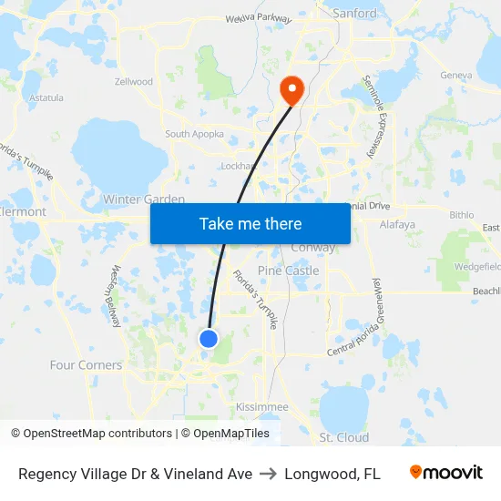Regency Village Dr & Vineland Ave to Longwood, FL map