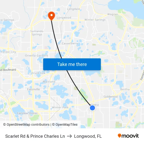 Scarlet Rd & Prince Charles Ln to Longwood, FL map
