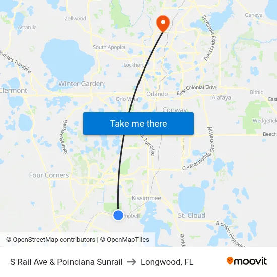 S Rail Ave & Poinciana Sunrail to Longwood, FL map