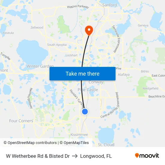 W Wetherbee Rd & Bisted Dr to Longwood, FL map