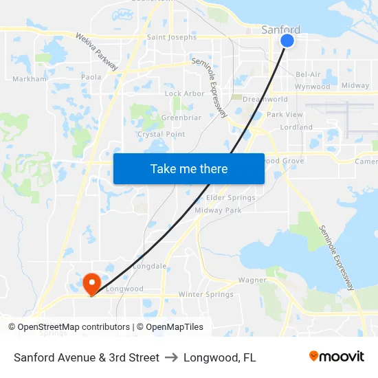 Sanford Avenue & 3rd Street to Longwood, FL map