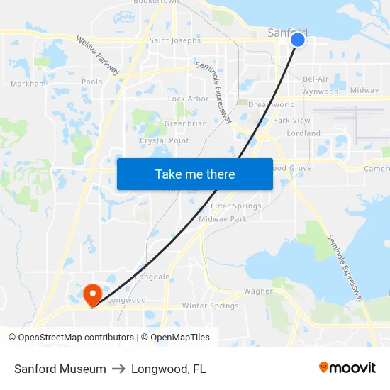 Sanford Museum to Longwood, FL map