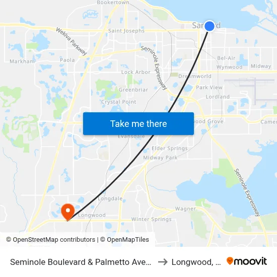 Seminole Boulevard & Palmetto Avenue to Longwood, FL map