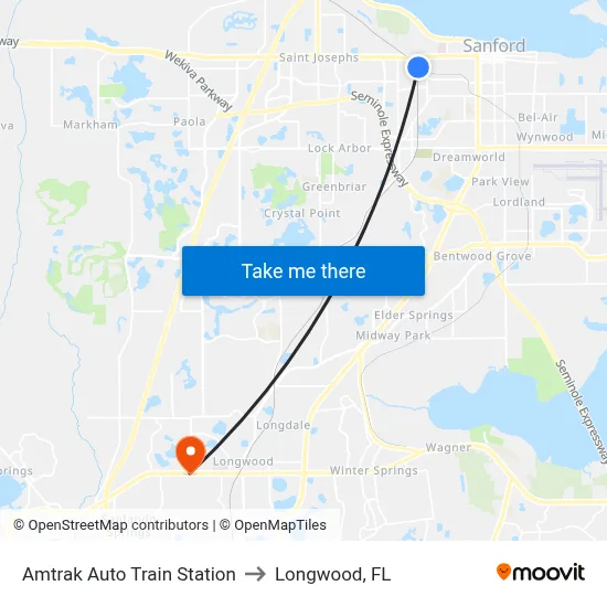 Amtrak Auto Train Station to Longwood, FL map