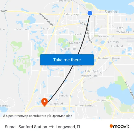 Sunrail Sanford Station to Longwood, FL map