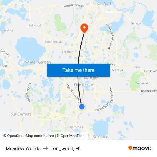 Meadow Woods to Longwood, FL map